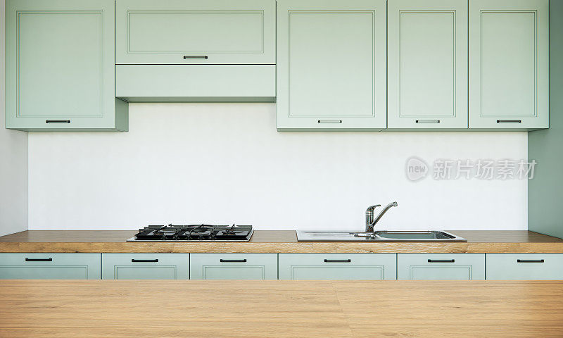 现代风格的厨房室内设计和装饰，木桌和厨房柜台淡绿色内置橱柜。3 d渲染模型